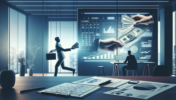 Person receiving cash at a modern office, with March calendar and paycheck in background, illustrating rapid payday loan access.