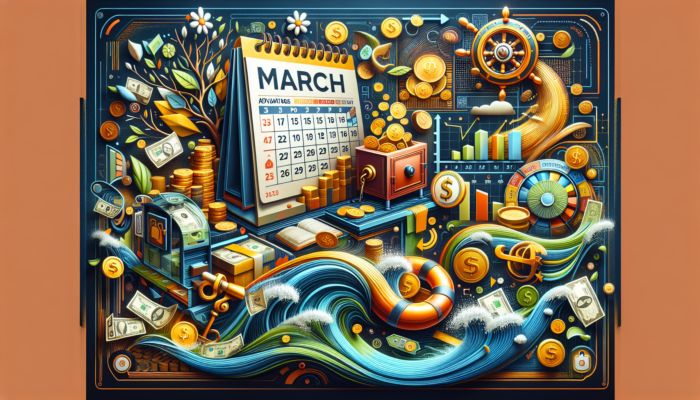 Infographic showing benefits of payday loans in March with charts, calendar, and financial icons.
