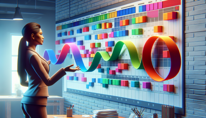 Person adjusting colorful timeline for adaptable repayment plans, with March highlighted on calendar.