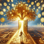 A person stands before an open door leading to a radiant tree made of gold coins, with floating dollar signs and digital financial symbols, symbolizing fast cash and trusted solutions for wealth and financial opportunity.