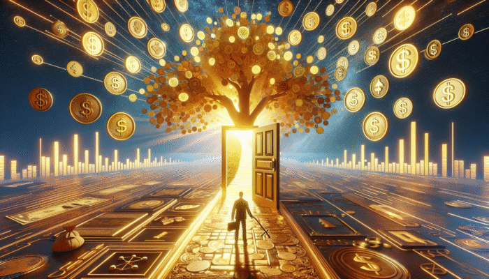 A person stands before an open door leading to a radiant tree made of gold coins, with floating dollar signs and digital financial symbols, symbolizing fast cash and trusted solutions for wealth and financial opportunity.