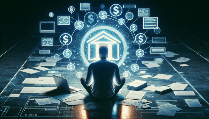 Person reviewing credit score on laptop with financial documents and bank logo, emphasizing good credit for loan terms.