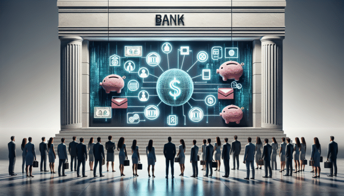 A diverse group at a bank with varying loan amounts and repayment options displayed on a screen.