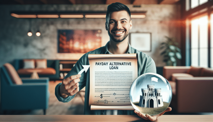 Person smiling with Payday Alternative Loan document, chart showing lower rates and flexible terms in modern office.
