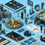 A digital illustration shows people interacting with financial charts, digital devices, coins, and cash. Graphs, money piles, data screens, and debt payoff calculators depict various economic and investment activities in a busy, detailed scene.