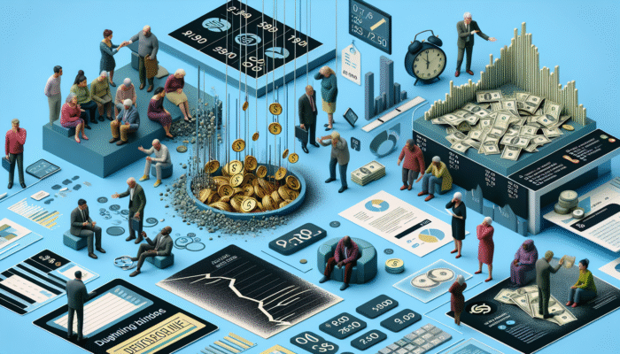 A digital illustration shows people interacting with financial charts, digital devices, coins, and cash. Graphs, money piles, data screens, and debt payoff calculators depict various economic and investment activities in a busy, detailed scene.