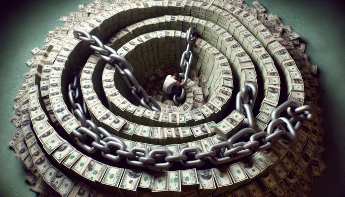 A person trapped in a spiral of cash with chains representing high interest rates and fees of payday loan debt.
