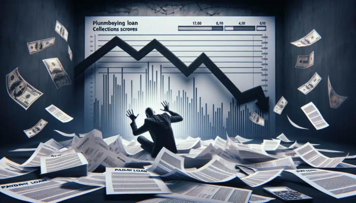 A distressed person amidst payday loan papers, with a falling credit score graph and looming collections agency in a dark setting.
