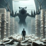 A person stands among piles of paperwork facing a giant, menacing bear with claws, emerging from a large hanging contract marked with warning signs, symbolizing overwhelming legal challenges.