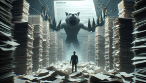 A person stands among piles of paperwork facing a giant, menacing bear with claws, emerging from a large hanging contract marked with warning signs, symbolizing overwhelming legal challenges.