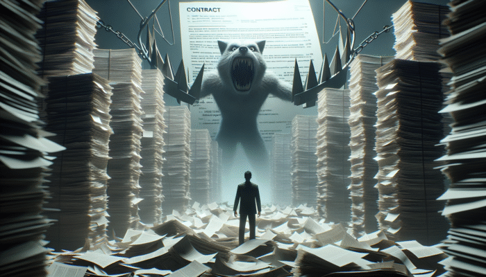 A person stands among piles of paperwork facing a giant, menacing bear with claws, emerging from a large hanging contract marked with warning signs, symbolizing overwhelming legal challenges.