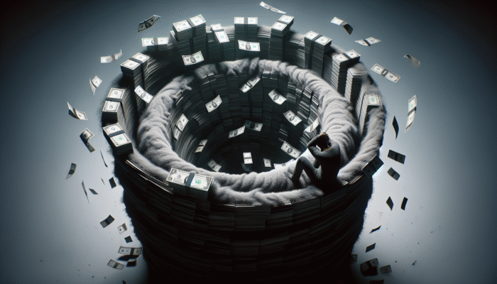 A person overwhelmed by high stacks of cash labeled "400% APR," trapped in a debt cycle vortex.