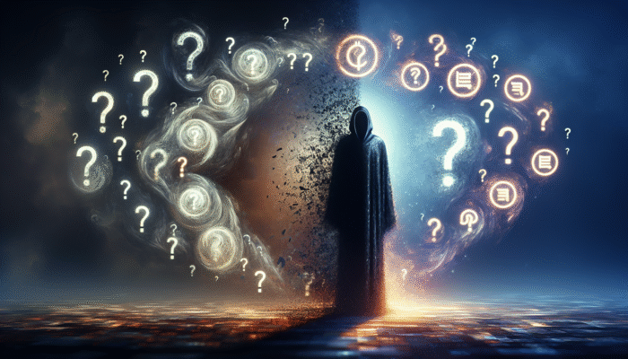 A shadowy figure with question marks versus a clear, illuminated contract, symbolizing transparency in lending.