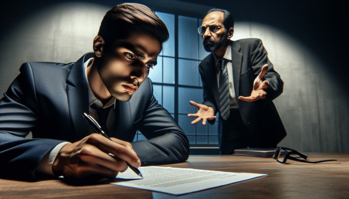 A stressed person hesitates to sign a loan agreement as a lender pressures them in a dimly lit office.