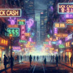A busy city street at night with many people walking. Neon signs in various languages advertise Payday Loans and other quick cash services, illuminating buildings and creating a vibrant atmosphere. Tall skyscrapers are visible in the background.