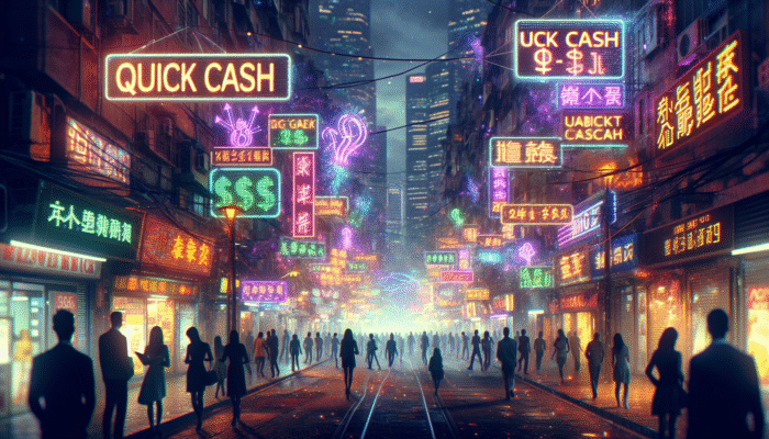 A busy city street at night with many people walking. Neon signs in various languages advertise Payday Loans and other quick cash services, illuminating buildings and creating a vibrant atmosphere. Tall skyscrapers are visible in the background.