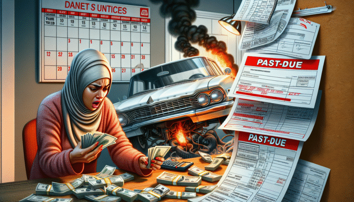 Person counting cash beside overdue bills, broken car, and calendar showing upcoming payday, highlighting loan urgency.