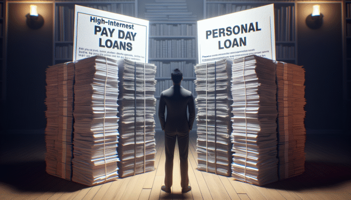 A person comparing high-interest payday loan documents to a lower-rate bank loan, looking hopeful.