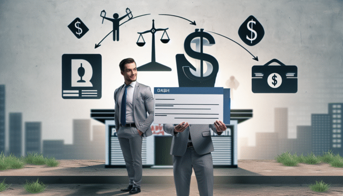 Person with hopeful look holding financial documents outside payday loan office, shadowed by debt trap.