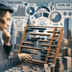 A man in a suit uses an abacus, surrounded by stacks of coins and miniature buildings, with financial charts, clocks, and graphs overlaid—an essential guide to finance, business calculations, and managing holiday budgets.