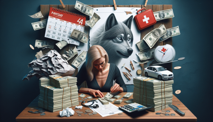 Person counting cash beside calendar with payday date, surrounded by symbols of urgent expenses like broken car and medical bills, under shadow of high interest rates.