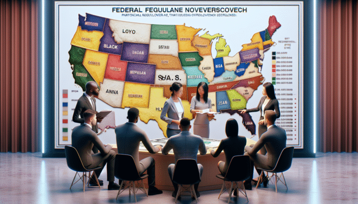 Diverse group studying U.S. map with state-specific payday loan regulations highlighted, CFPB representative explaining federal oversight.