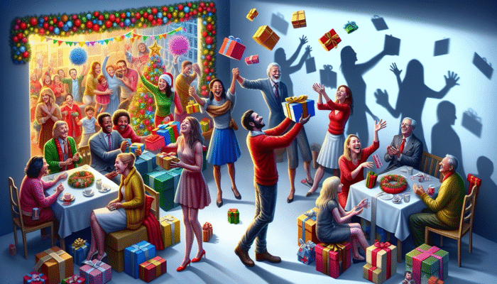 Festive scene with families and gifts, shadowed by financial stress and debt.