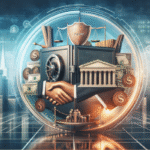 A digital illustration shows a bank vault, courthouse, handshake, and money symbols set against a city skyline with financial icons, representing finance, banking, compliance strategies, partnership, and economic security.