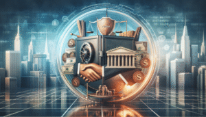 A digital illustration shows a bank vault, courthouse, handshake, and money symbols set against a city skyline with financial icons, representing finance, banking, compliance strategies, partnership, and economic security.