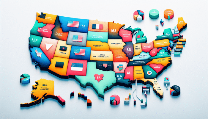 U.S. map showing payday lender licensing strictness with marketing icons over compliant states.