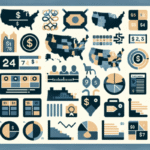 A collage of financial-themed infographics, maps, charts, and icons—including dollar signs, pie charts, bar graphs, and data visuals—showcasing state-by-state payday loan regulations in blue, beige, and black tones.
