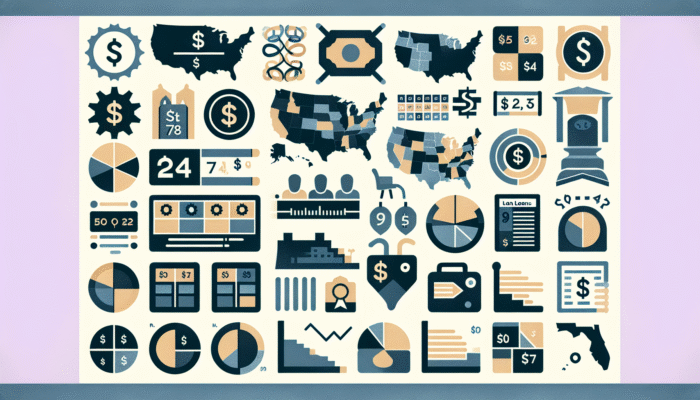 A collage of financial-themed infographics, maps, charts, and icons—including dollar signs, pie charts, bar graphs, and data visuals—showcasing state-by-state payday loan regulations in blue, beige, and black tones.