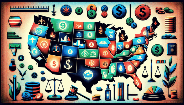 A U.S. map showing state-specific interest rate caps for payday loans, with color-coded strictness levels and money symbols.