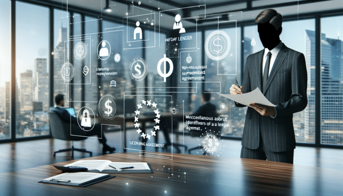 Payday lender in suit signing licensing agreement in modern office with city view.