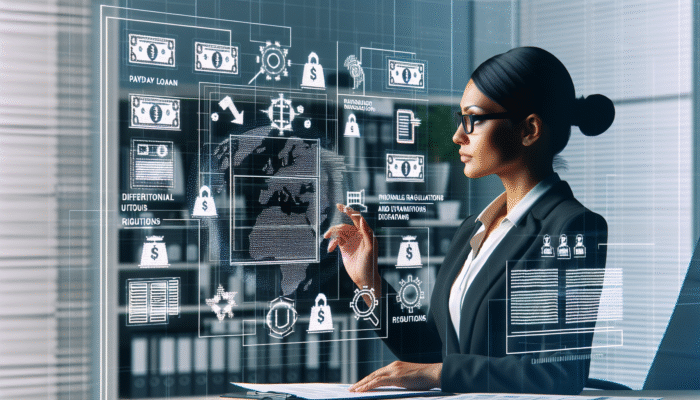 An auditor reviewing financial documents at a payday loan office to ensure compliance with regulations.