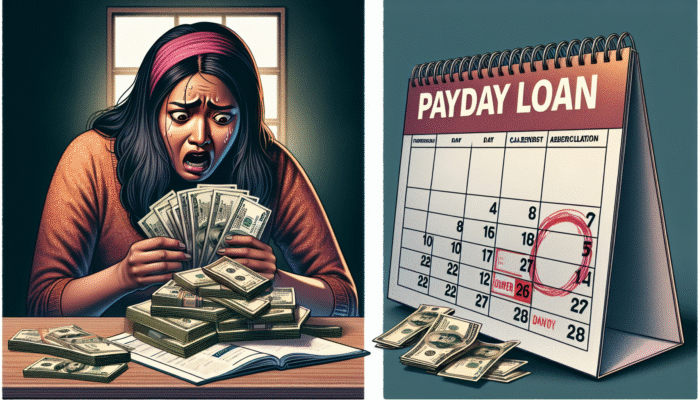 Person with cash looking worried next to calendar showing due date, illustrating payday loan stress.