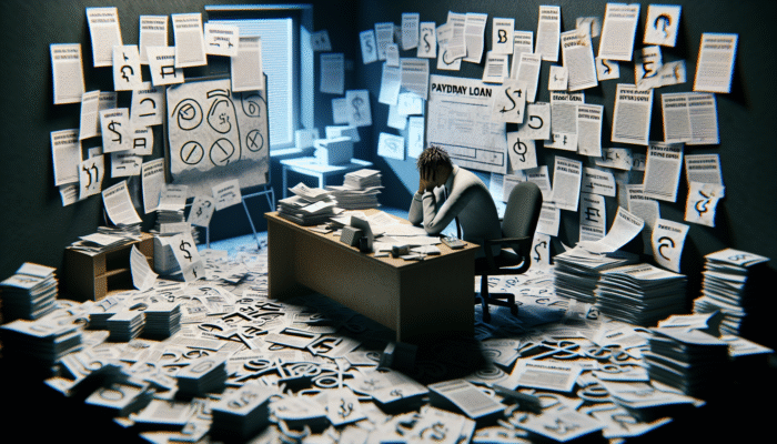 A person at a cluttered desk, worried, surrounded by payday loan documents, reflecting on financial decisions.