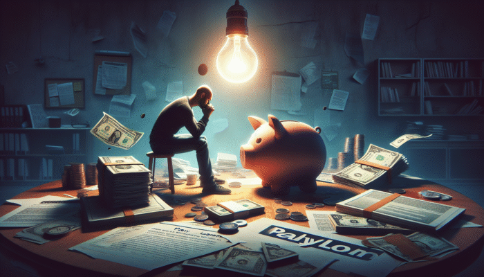 A person at a desk with payday loan documents, reflecting on finances, with an emergency fund piggy bank.