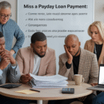 Five people sit around a table, reviewing paperwork with serious expressions. A man stands behind them. A laptop displays "Let payment," while a whiteboard highlights the consequences of a missed payday loan payment.