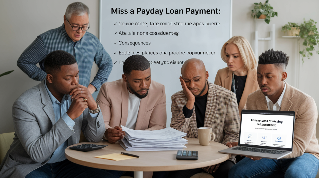 Five people sit around a table, reviewing paperwork with serious expressions. A man stands behind them. A laptop displays "Let payment," while a whiteboard highlights the consequences of a missed payday loan payment.