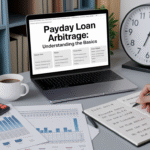 A desk features a laptop displaying “Payday Loan Arbitrage: Understanding the Basics,” financial documents with charts, a calculator, a clock showing 10:10, and a person writing notes about arbitrage and payday loans in a notebook.