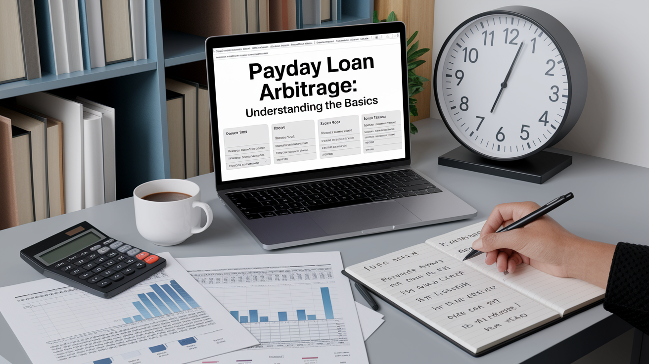 A desk features a laptop displaying “Payday Loan Arbitrage: Understanding the Basics,” financial documents with charts, a calculator, a clock showing 10:10, and a person writing notes about arbitrage and payday loans in a notebook.