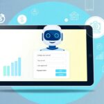 A tablet displays a robot with a login form overlay. Background features finance, banking, and technology icons, binary code, and a circular blue gradient, highlighting the efficiency of Payday Loan Automation in modern lending.