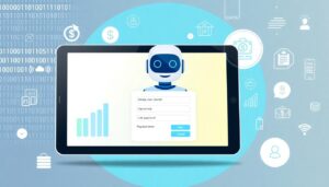 A tablet displays a robot with a login form overlay. Background features finance, banking, and technology icons, binary code, and a circular blue gradient, highlighting the efficiency of Payday Loan Automation in modern lending.