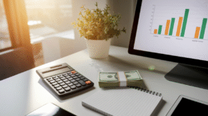 A desk displays a calculator, a stack of cash, and a spiral notebook—tools often used to maximize payday loans safely—alongside a potted plant and a monitor showing a bar graph, with sunlight streaming through the window in the background.
