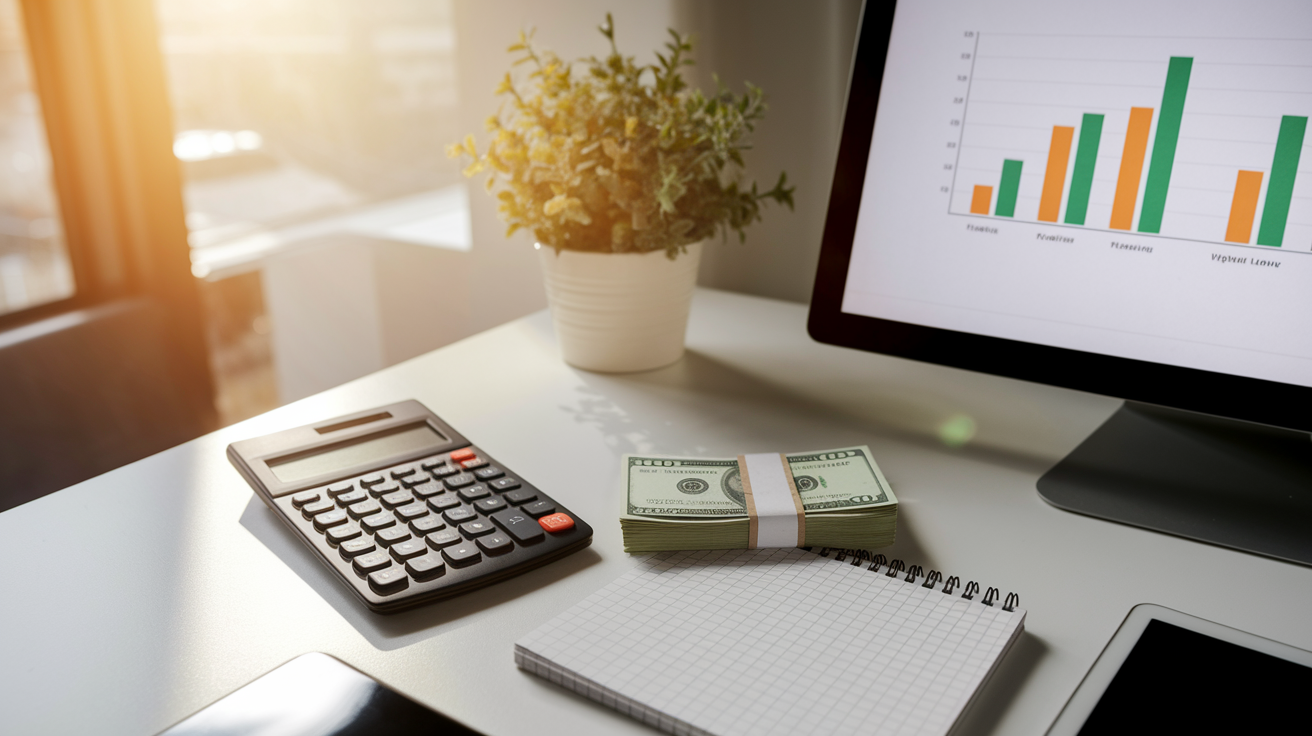 A desk displays a calculator, a stack of cash, and a spiral notebook—tools often used to maximize payday loans safely—alongside a potted plant and a monitor showing a bar graph, with sunlight streaming through the window in the background.