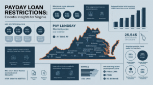Infographic presenting Essential Insights into Payday Loan Restrictions in Virginia, featuring key statistics, loan amounts, interest rates, a state map, approval rates, population served, and payment timelines.