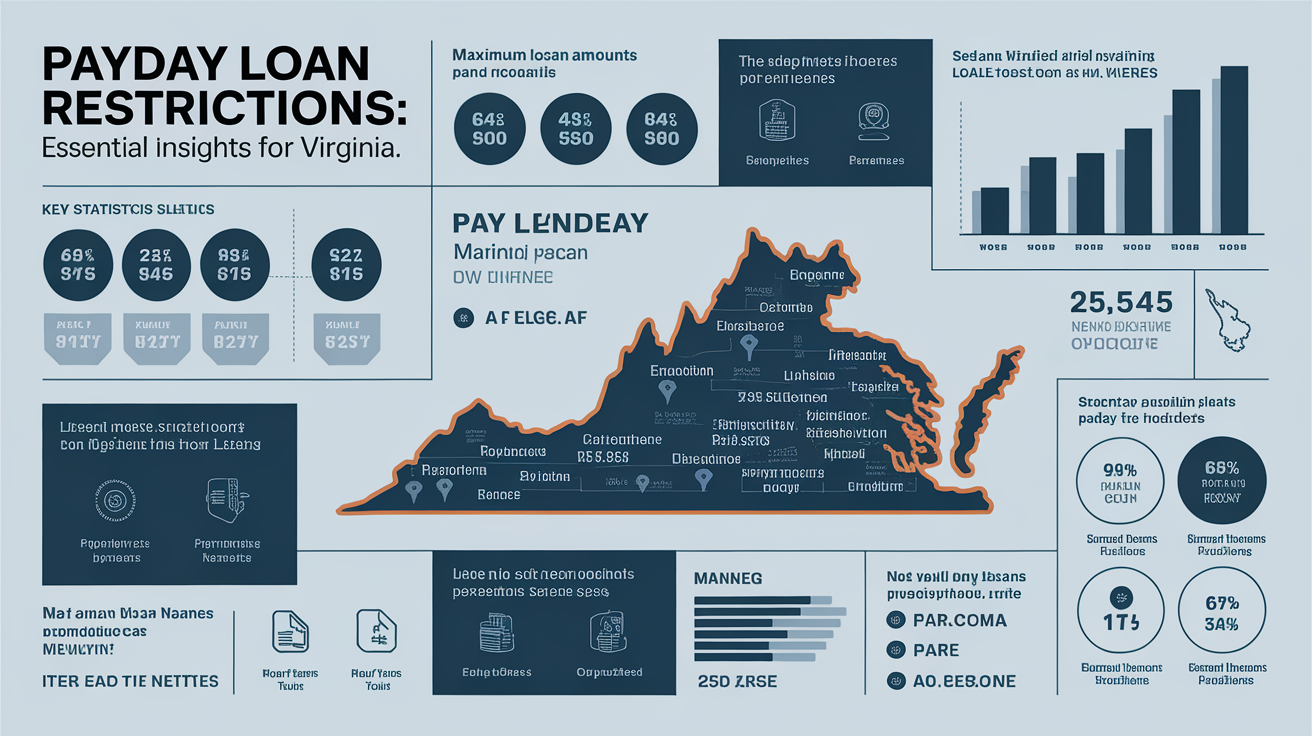 Infographic presenting Essential Insights into Payday Loan Restrictions in Virginia, featuring key statistics, loan amounts, interest rates, a state map, approval rates, population served, and payment timelines.