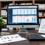 A desk with financial documents, a computer displaying charts and spreadsheets evaluated by risk assessment tools, a tablet with a bar graph, calculators, a pen, and a potted plant; bookshelves are visible in the background.