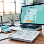 A desk with a laptop displaying a payday loan status screen, a smartphone, and handwritten notes reflects the modern borrower’s workspace, set in a bright office with large windows and touches of greenery—a nod to evolving tech trends.